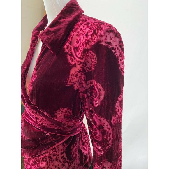 Ice Womens Velvet Wrap Jacket Red Paisley Long Sleeve Tie Collared M - Picture 5 of 12